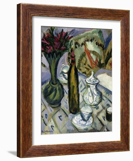 Teapot, Bottle and Red Flowers; Teekanne, Flasche Und Rote Blumen, 1912-Ernst Ludwig Kirchner-Framed Giclee Print