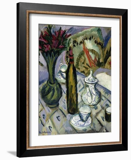 Teapot, Bottle and Red Flowers; Teekanne, Flasche Und Rote Blumen, 1912-Ernst Ludwig Kirchner-Framed Giclee Print