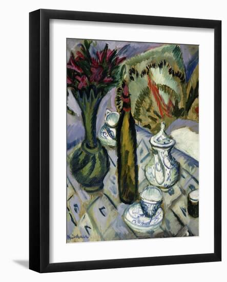 Teapot, Bottle and Red Flowers; Teekanne, Flasche Und Rote Blumen, 1912-Ernst Ludwig Kirchner-Framed Giclee Print