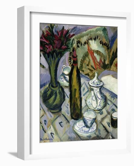 Teapot, Bottle and Red Flowers; Teekanne, Flasche Und Rote Blumen, 1912-Ernst Ludwig Kirchner-Framed Giclee Print