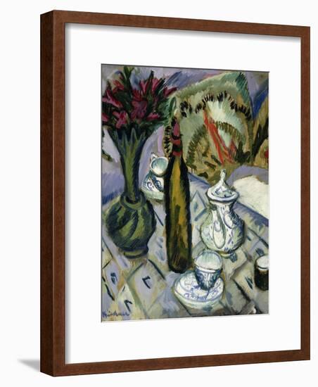 Teapot, Bottle and Red Flowers; Teekanne, Flasche Und Rote Blumen, 1912-Ernst Ludwig Kirchner-Framed Giclee Print