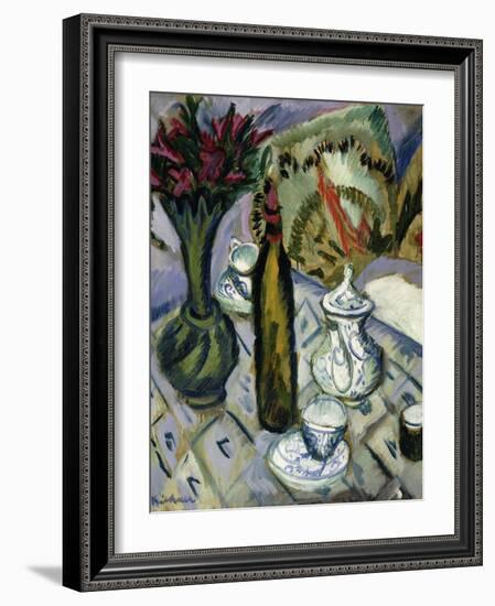 Teapot, Bottle and Red Flowers; Teekanne, Flasche Und Rote Blumen, 1912-Ernst Ludwig Kirchner-Framed Giclee Print