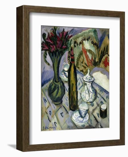 Teapot, Bottle and Red Flowers-Ernst Ludwig Kirchner-Framed Giclee Print