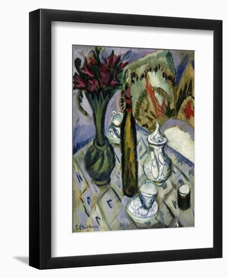 Teapot, Bottle and Red Flowers-Ernst Ludwig Kirchner-Framed Giclee Print