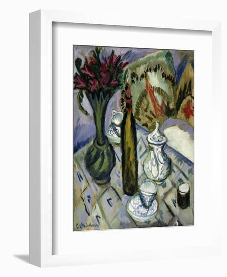 Teapot, Bottle and Red Flowers-Ernst Ludwig Kirchner-Framed Giclee Print