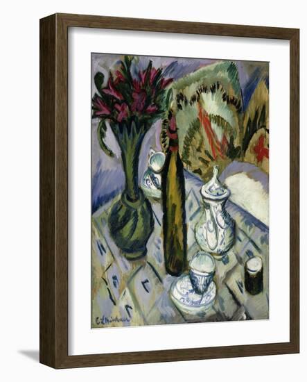 Teapot, Bottle and Red Flowers-Ernst Ludwig Kirchner-Framed Giclee Print