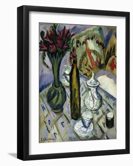 Teapot, Bottle and Red Flowers-Ernst Ludwig Kirchner-Framed Giclee Print