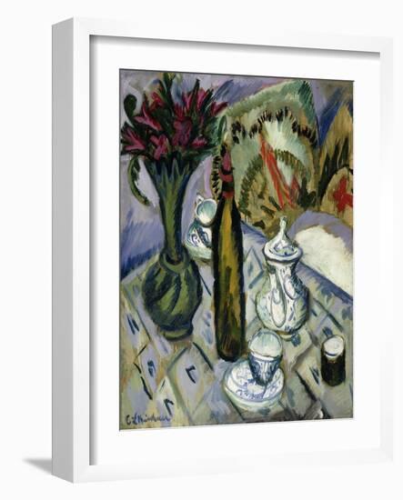 Teapot, Bottle and Red Flowers-Ernst Ludwig Kirchner-Framed Giclee Print