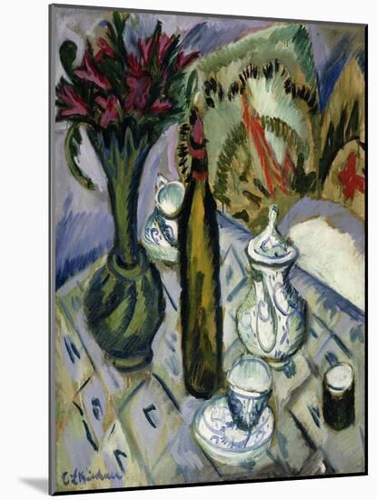 Teapot, Bottle and Red Flowers-Ernst Ludwig Kirchner-Mounted Giclee Print