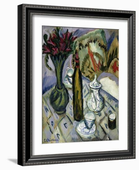 Teapot, Bottle and Red Flowers-Ernst Ludwig Kirchner-Framed Giclee Print