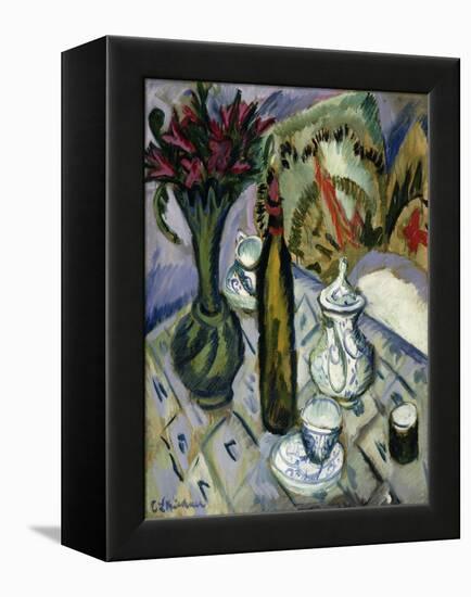 Teapot, Bottle and Red Flowers-Ernst Ludwig Kirchner-Framed Premier Image Canvas