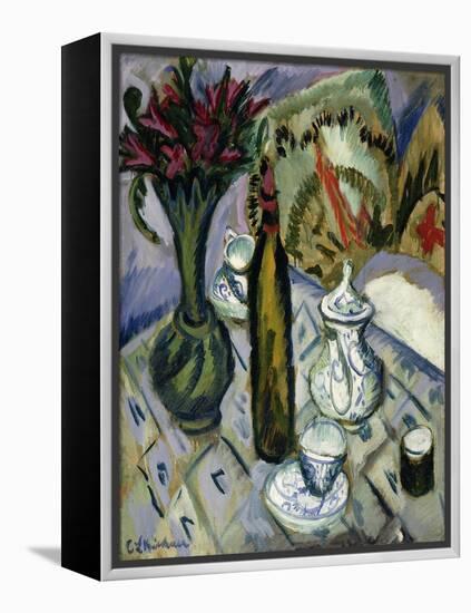 Teapot, Bottle and Red Flowers-Ernst Ludwig Kirchner-Framed Premier Image Canvas