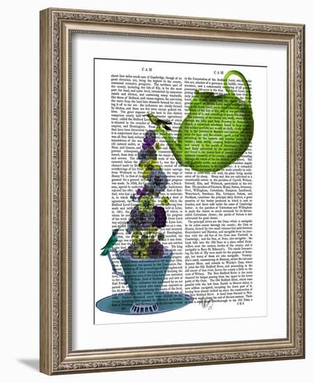 Teapot, Cup and Flowers, Green and Blue-Fab Funky-Framed Art Print