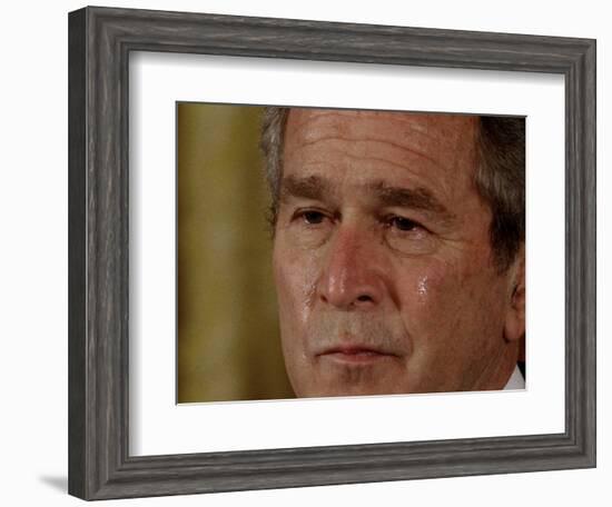 Tears Run Down President Bush's Face, Taking Part in a Medal of Honor Ceremony in the White House-null-Framed Photographic Print