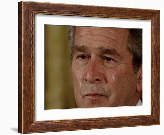 Tears Run Down President Bush's Face, Taking Part in a Medal of Honor Ceremony in the White House-null-Framed Photographic Print