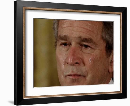 Tears Run Down President Bush's Face, Taking Part in a Medal of Honor Ceremony in the White House-null-Framed Photographic Print