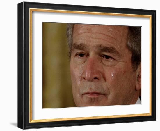 Tears Run Down President Bush's Face, Taking Part in a Medal of Honor Ceremony in the White House-null-Framed Photographic Print