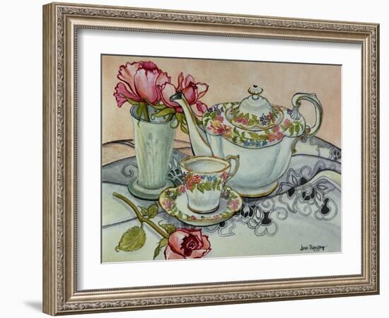 Teatime with Roses and a Cutwork Cloth-Joan Thewsey-Framed Giclee Print