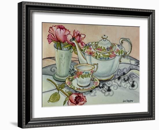 Teatime with Roses and a Cutwork Cloth-Joan Thewsey-Framed Giclee Print