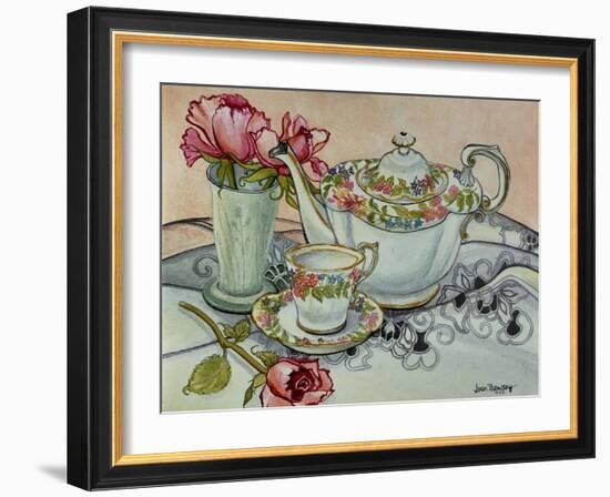 Teatime with Roses and a Cutwork Cloth-Joan Thewsey-Framed Giclee Print