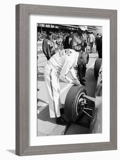 Technician Checking Tyre Wear, Indianapolis, Indiana, USA, 1965-null-Framed Photographic Print