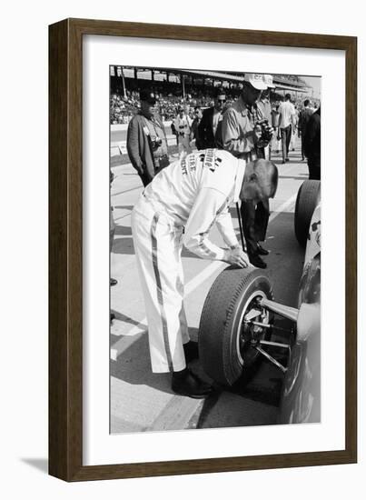 Technician Checking Tyre Wear, Indianapolis, Indiana, USA, 1965-null-Framed Photographic Print