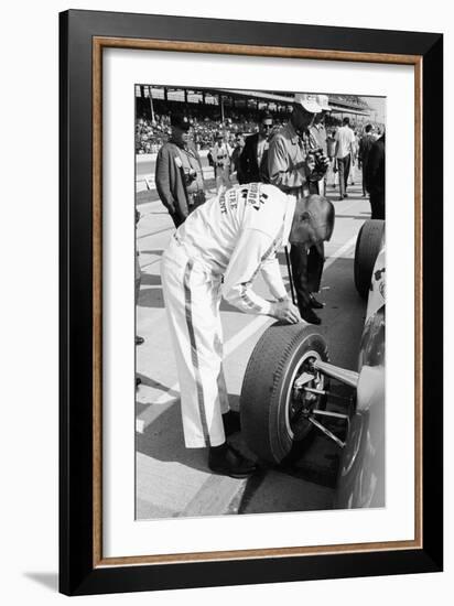 Technician Checking Tyre Wear, Indianapolis, Indiana, USA, 1965-null-Framed Photographic Print