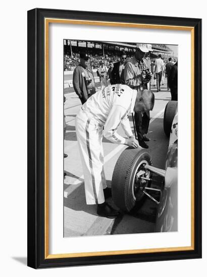 Technician Checking Tyre Wear, Indianapolis, Indiana, USA, 1965-null-Framed Photographic Print