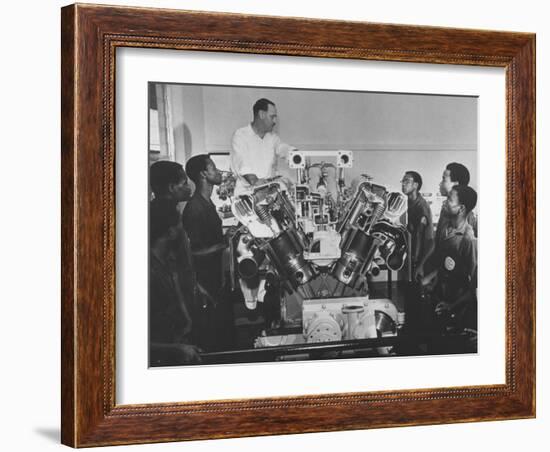 Technician Explains Diesel Engine to Students at Shell-British Petroleum Trade School-null-Framed Photographic Print