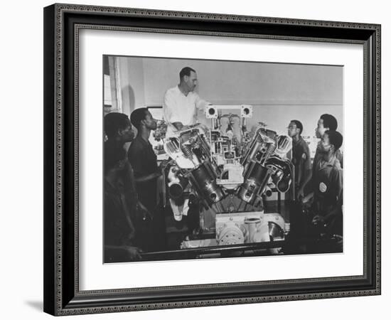 Technician Explains Diesel Engine to Students at Shell-British Petroleum Trade School-null-Framed Photographic Print