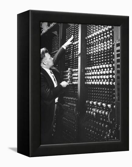 Technician Manipulating 1 of Hundreds of Dials on Panel of IBM's Room Size Eniac Computer-Francis Miller-Framed Premier Image Canvas