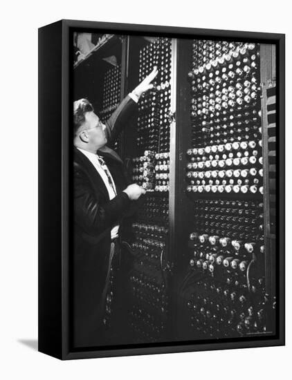 Technician Manipulating 1 of Hundreds of Dials on Panel of IBM's Room Size Eniac Computer-Francis Miller-Framed Premier Image Canvas