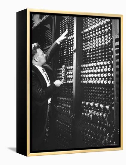 Technician Manipulating 1 of Hundreds of Dials on Panel of IBM's Room Size Eniac Computer-Francis Miller-Framed Premier Image Canvas