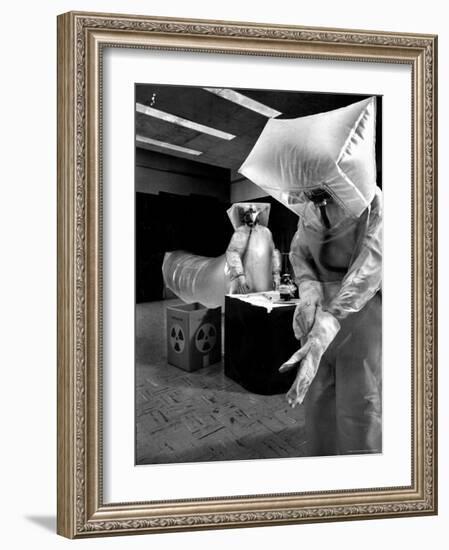 Technicians in Plastic Protective Suits and Face Masks Repair Pressure Valve at Atomic Energy Plant-Nat Farbman-Framed Photographic Print