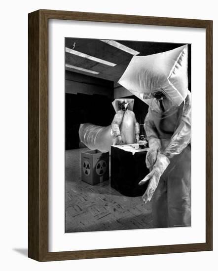 Technicians in Plastic Protective Suits and Face Masks Repair Pressure Valve at Atomic Energy Plant-Nat Farbman-Framed Photographic Print