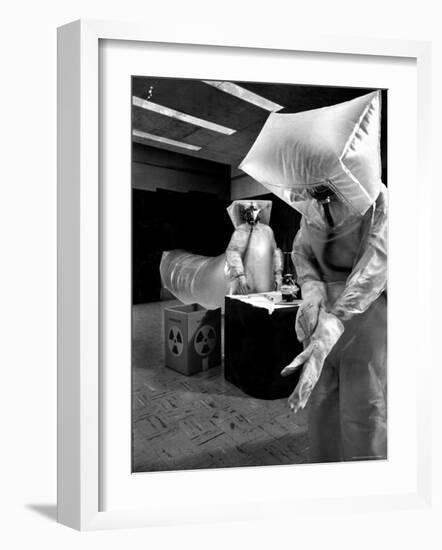 Technicians in Plastic Protective Suits and Face Masks Repair Pressure Valve at Atomic Energy Plant-Nat Farbman-Framed Photographic Print