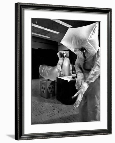 Technicians in Plastic Protective Suits and Face Masks Repair Pressure Valve at Atomic Energy Plant-Nat Farbman-Framed Photographic Print