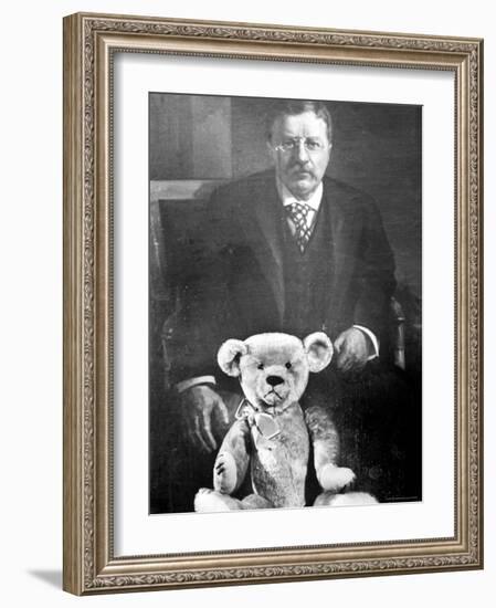 Teddy Bear Placed Before the Formal Portrait of Pres. Theodore Roosevelt-Nina Leen-Framed Photographic Print