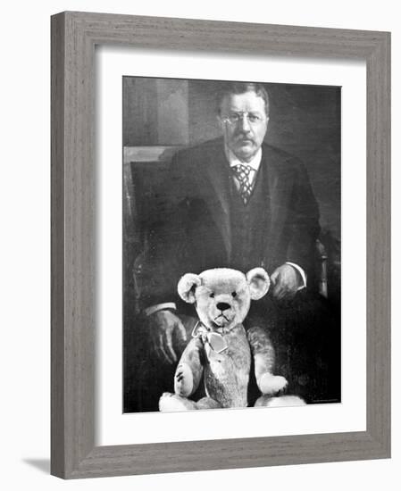 Teddy Bear Placed Before the Formal Portrait of Pres. Theodore Roosevelt-Nina Leen-Framed Photographic Print