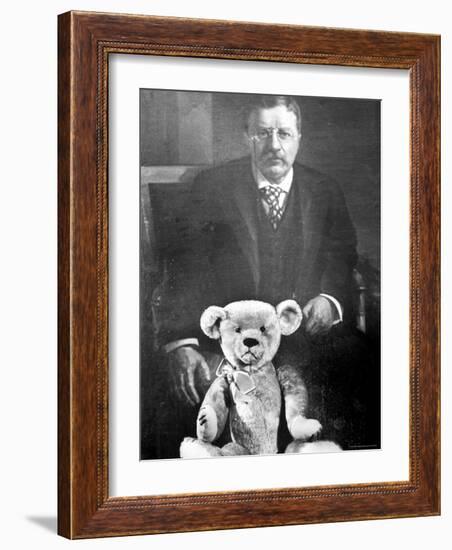 Teddy Bear Placed Before the Formal Portrait of Pres. Theodore Roosevelt-Nina Leen-Framed Photographic Print