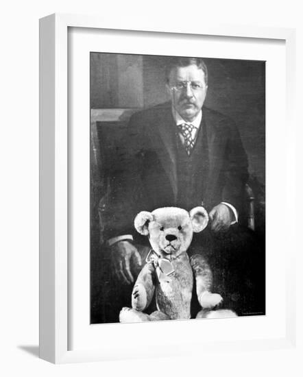 Teddy Bear Placed Before the Formal Portrait of Pres. Theodore Roosevelt-Nina Leen-Framed Photographic Print