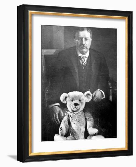 Teddy Bear Placed Before the Formal Portrait of Pres. Theodore Roosevelt-Nina Leen-Framed Photographic Print