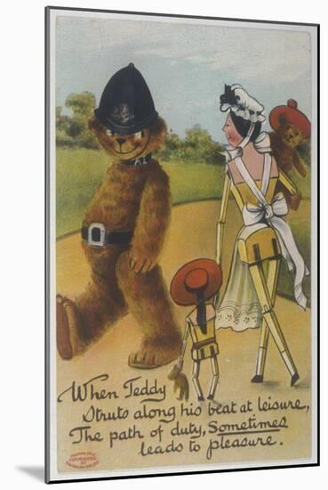 Teddy Bear Policeman Eyes Nurse, Who is Carrying Another Teddy-null-Mounted Art Print