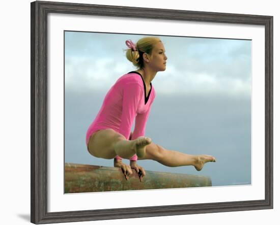 Teen Gymnast Cathy Rigby Performing on Balance Beam-John Dominis-Framed Premium Photographic Print