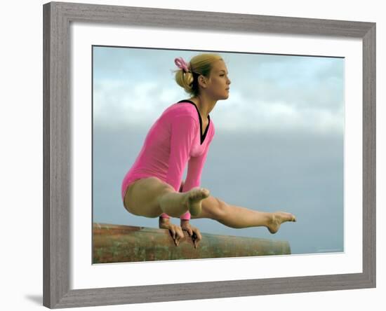 Teen Gymnast Cathy Rigby Performing on Balance Beam-John Dominis-Framed Premium Photographic Print