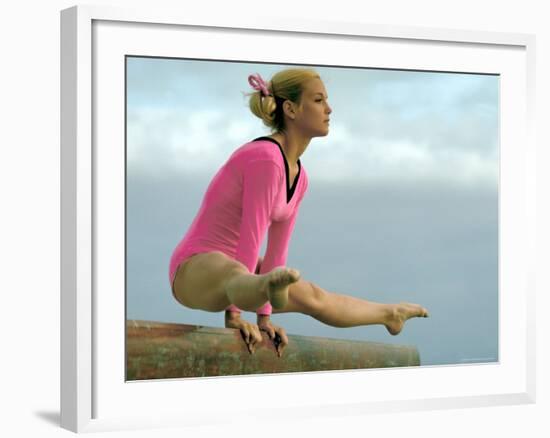 Teen Gymnast Cathy Rigby Performing on Balance Beam-John Dominis-Framed Premium Photographic Print