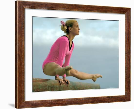 Teen Gymnast Cathy Rigby Performing on Balance Beam-John Dominis-Framed Premium Photographic Print