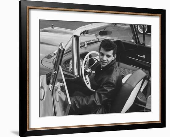 Teen Heartthrob Actor/Singer Frankie Avalon in Driver's Seat of His 1958 Pontiac Convertible-Peter Stackpole-Framed Premium Photographic Print