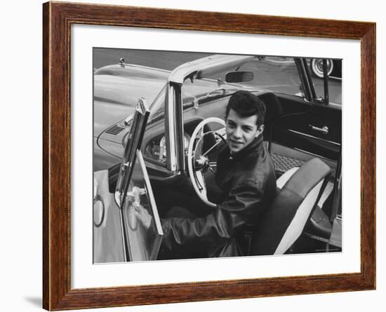 Teen Heartthrob Actor/Singer Frankie Avalon in Driver's Seat of His 1958 Pontiac Convertible-Peter Stackpole-Framed Premium Photographic Print