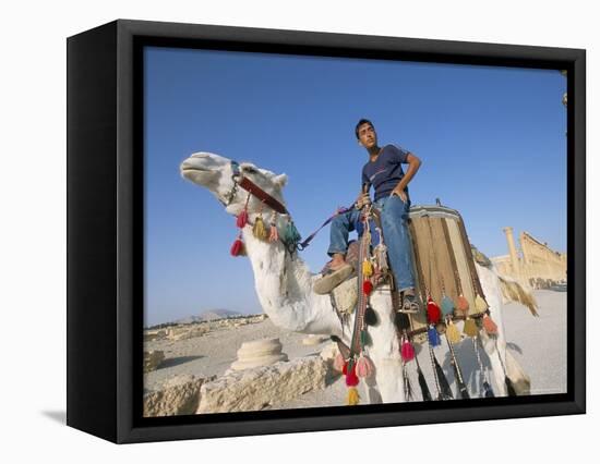 Teenage Boy on Camel in Front of the Great Colonnade, Palmyra, Syria, Middle East-Alison Wright-Framed Premier Image Canvas